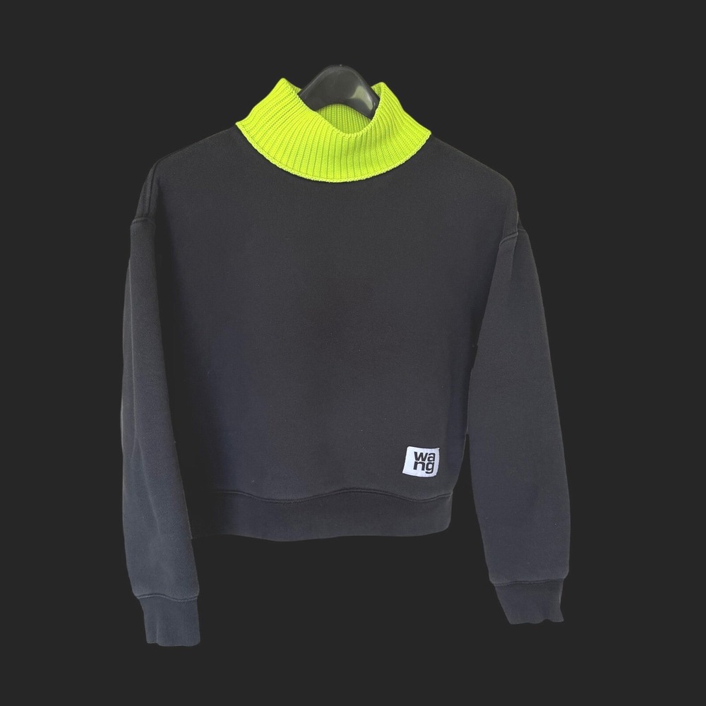 Alexander Wang T Black Cropped Sweatshirt Neon Yellow Mock Neck Logo Patch